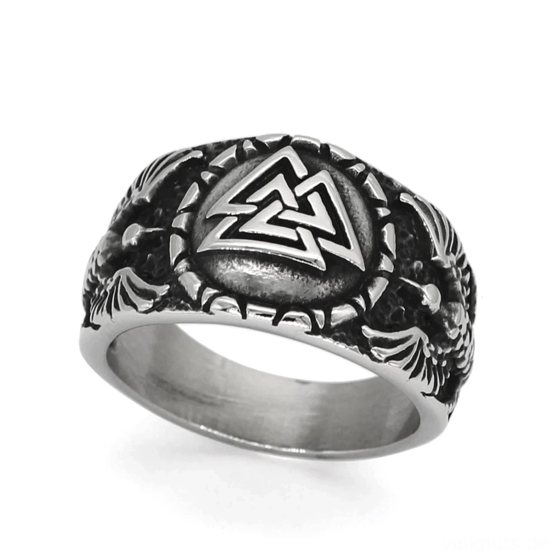 Wikinger Ring mit Valknut und Raben in antiker silber Optik
