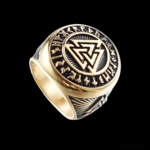Handgefertigter Wikinger Ring mit Valknut Symbol und Futhark Runen aus Bronze