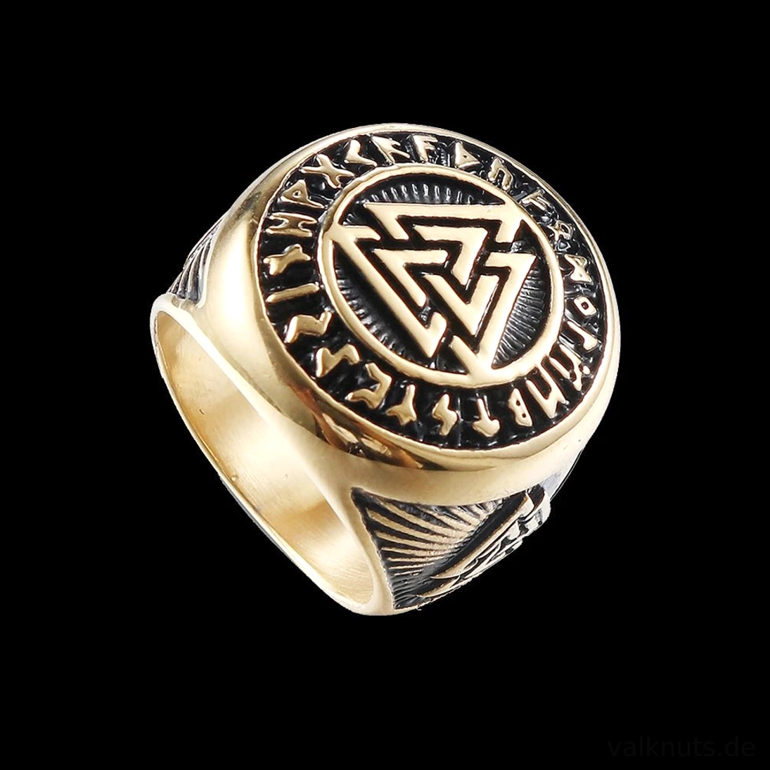 Handgefertigter Wikinger Ring mit Valknut Symbol und Futhark Runen aus Bronze