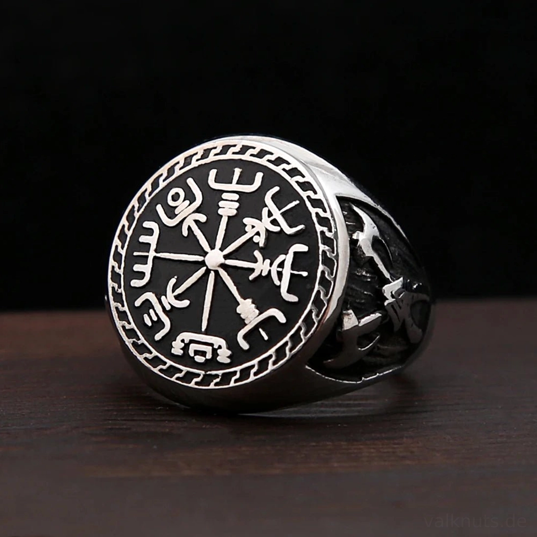 Wikinger Ring mit Vegvisir und doppelten Äxten aus Edelstahl, vintage Stil