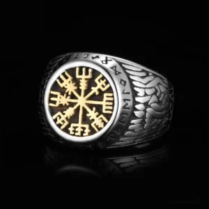Wikinger Ring Vegvisir goldfarben Seitenansicht mit nordischem Muster