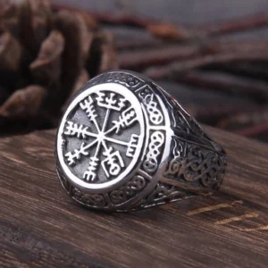 Wikinger Ring mit Vegvisir und Wikinger Knoten aus 316L Edelstahl, nordischer Amulett