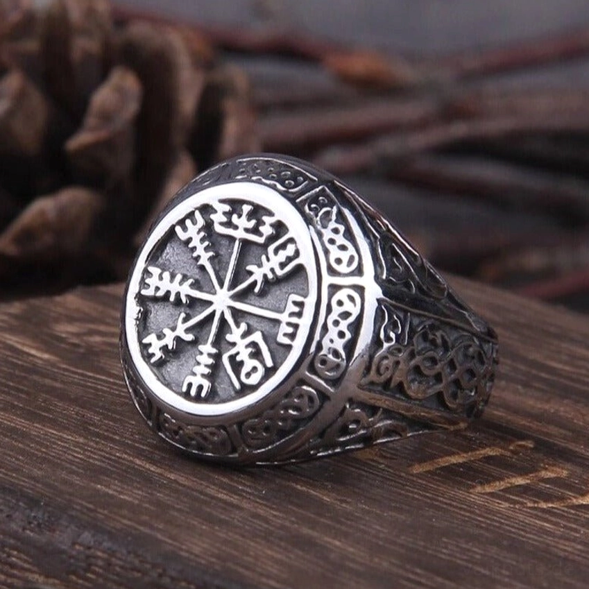 Wikinger Ring mit Vegvisir und Wikinger Knoten aus 316L Edelstahl, nordischer Amulett