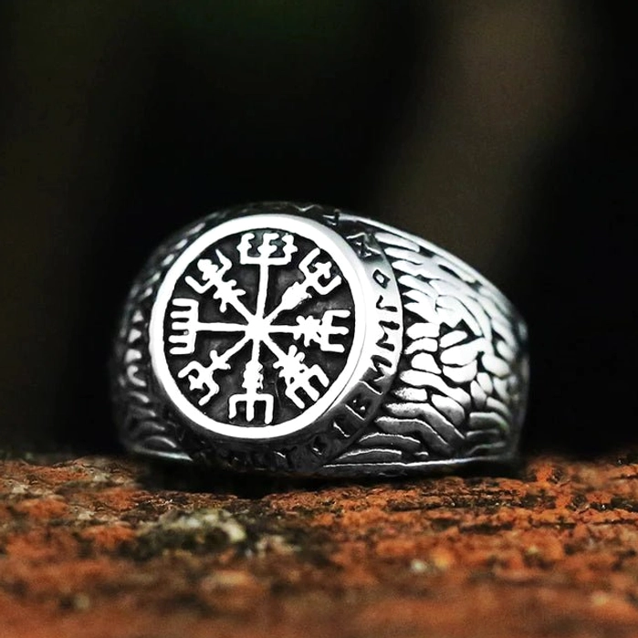 Wikinger Ring mit Vegvisir Runen Nordischer Kompass Edelstahl Silber
