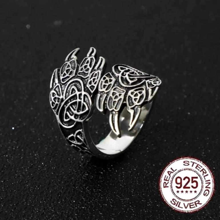 Wikinger Ring Wolfskralle aus 925 Sterling Silber mit Keltenknoten