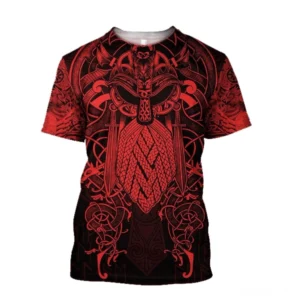 Wikinger T-Shirt Arvid mit vollem Wikinger Krieger Muster, schwarzes T-Shirt mit roten Wikinger Motiven