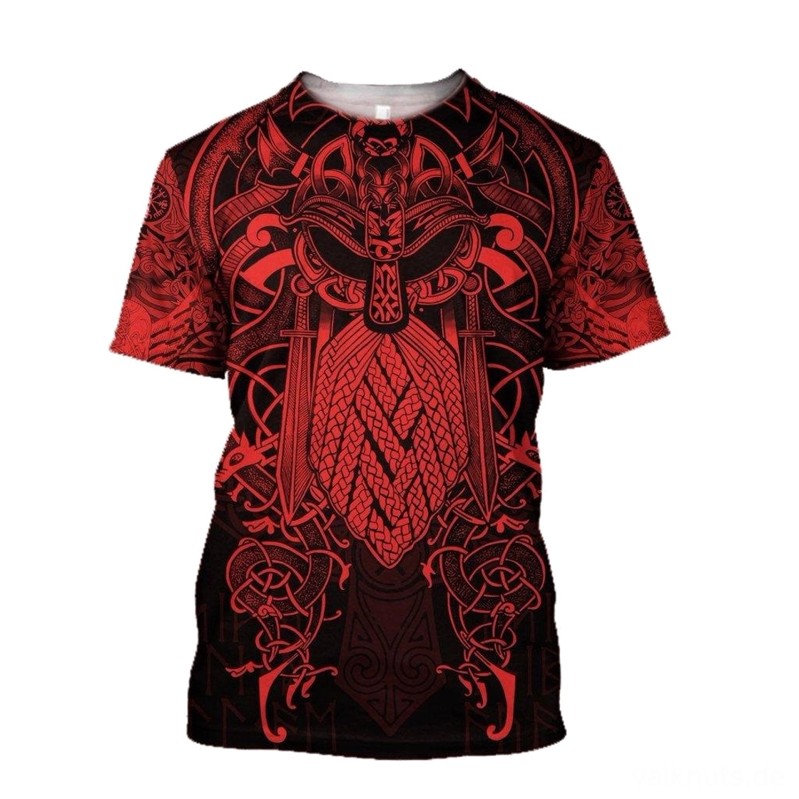 Wikinger T-Shirt Arvid mit vollem Wikinger Krieger Muster, schwarzes T-Shirt mit roten Wikinger Motiven