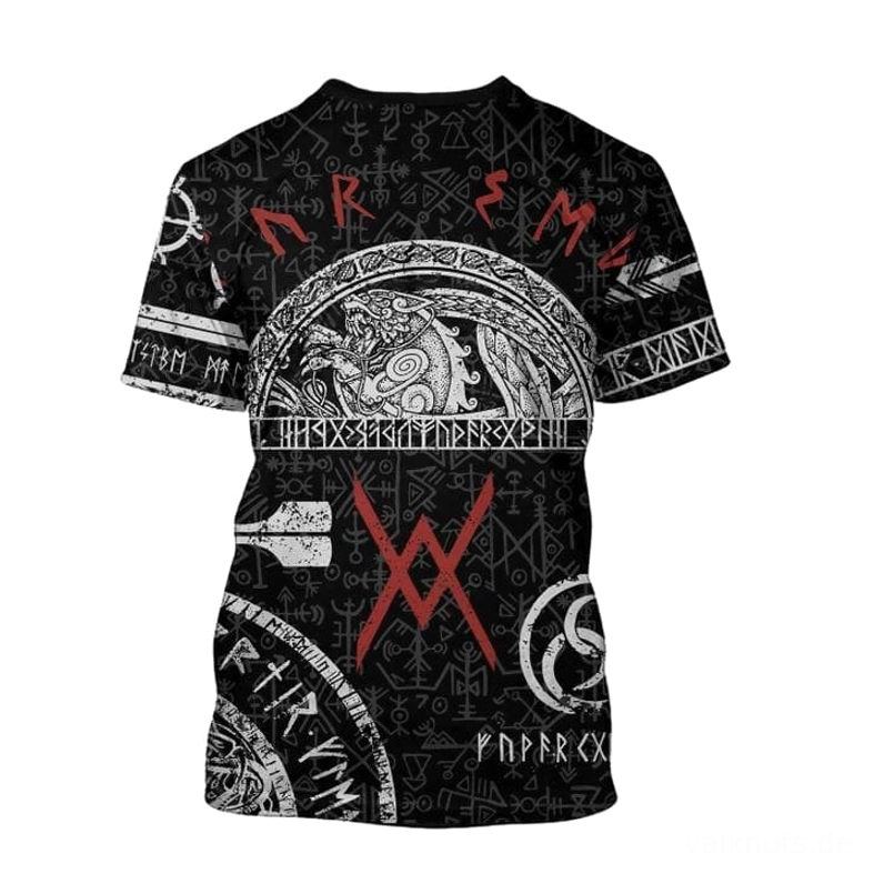 Nahaufnahme des Wikinger T-Shirt Erik mit detailreichem 3D Druck und Wikinger Symbolen