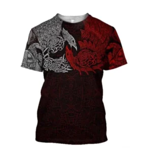 Wikinger T-Shirt Halfdan mit Odins Raben und traditionellen Ornamenten auf Schwarz