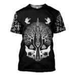 Wikinger T-Shirt Havi mit nordischen Symbolen wie Weltenbaum Yggdrasil, Runen, Gungnir Speer und Wölfen, schwarzes Wikinger T-Shirt