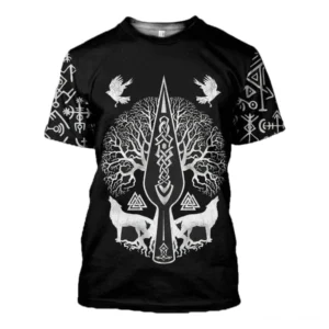 Wikinger T-Shirt Havi mit nordischen Symbolen wie Weltenbaum Yggdrasil, Runen, Gungnir Speer und Wölfen, schwarzes Wikinger T-Shirt