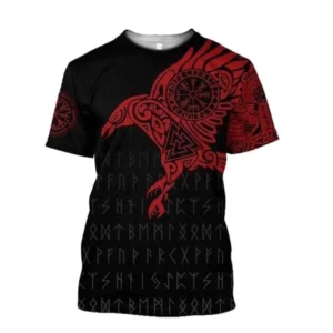 Wikinger T-Shirt Helgi mit Odins Raben und Runen Design, schwarzes Wikinger Shirt mit roten 3D Druck Mustern