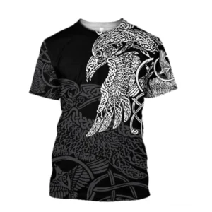 Wikinger T-Shirt Herryk mit Odins Raben Motiv 3D Druck auf Schwarz