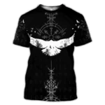 Wikinger T-Shirt Isrod mit Odins Raben und Runen Muster in Schwarz Weiß