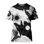 Wikinger T-Shirt Osborn mit Wolf Raben und Wikinger Muster Schwarz Weiß