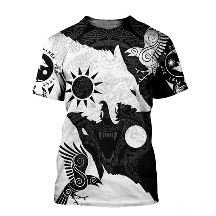 Wikinger T-Shirt Osborn mit Wolf Raben und Wikinger Muster Schwarz Weiß
