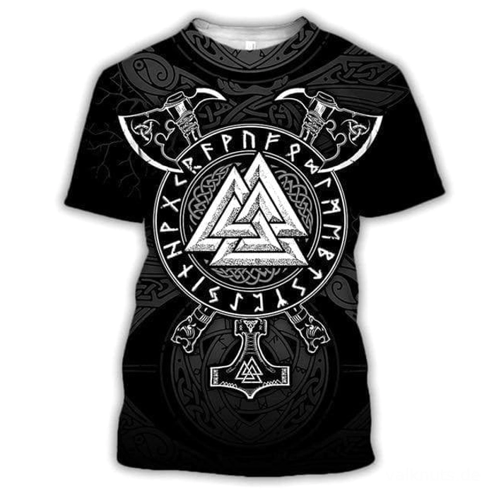 authentisches wikinger t-shirt ottar mit valknut und axt symbolen schwarz weiß