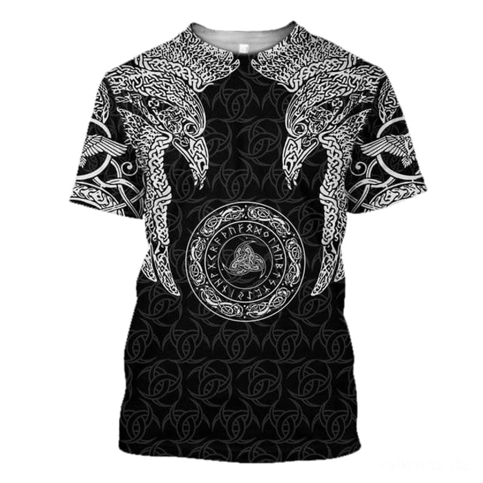 Wikinger T-Shirt Reidar mit Huginn und Muninn Odin Raben Design in Schwarz Weiss