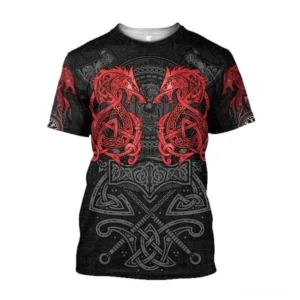 Wikinger T-Shirt Rolf mit traditionellen nordischen Motiven aus Wolf, Axt und keltischen Knoten