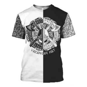 Wikinger T-Shirt Valgard mit Schwarz-Weiß Split Design, Wikingerhelm und gekreuzten Äxten