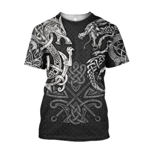 Wikinger T-Shirt Vidar mit nordischen Drachen und keltischen Knoten Motiv in Schwarz
