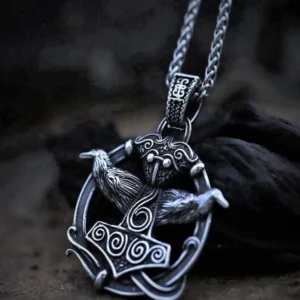 Handgefertigte Wikinger Thors Hammer Kette mit Odins Raben Hugin und Munin