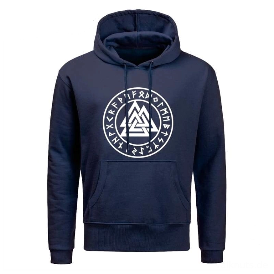 Wikinger Valknut Hoodie mit Runen und Kängurutasche, schwarz