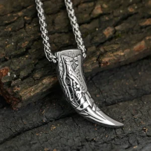 Wikinger Wolf Kette mit graviertem Wolfszahn Fenrir Anhänger aus Edelstahl
