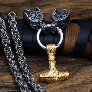 Wikinger Wolf Kette Thors Hammer mit Zwillings-Wolfsköpfen und goldenem Mjölnir als Wikingerschmuck