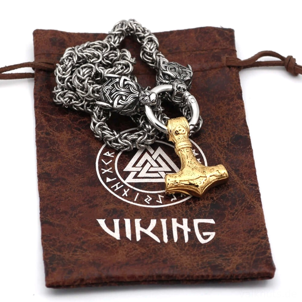 Gesamtdarstellung der Wikinger Wolf Kette Thors Hammer mit Zwillings-Wolfsköpfen