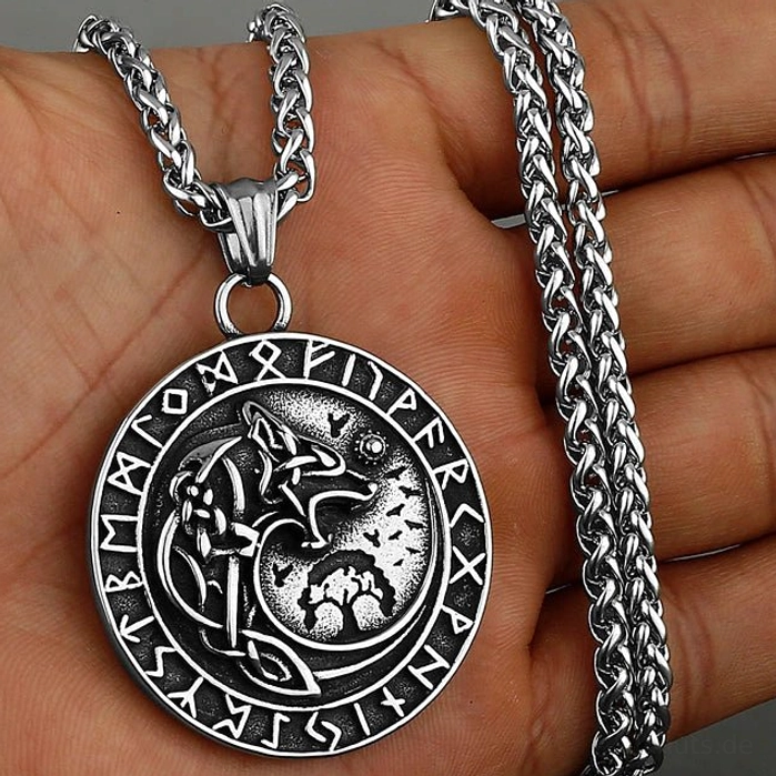 Wolf Kette aus original Edelstahl mit Wikinger Wolfkopf und Runen