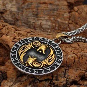 Wolf Kette Geri und Freki Wikinger Amulett mit Runenkranz