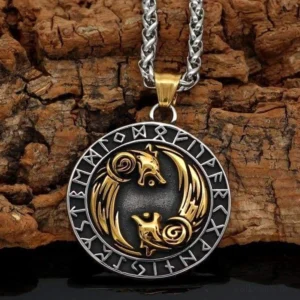 Wolf Kette Geri und Freki Wikinger Halskette mit Odins Wölfen und Runen