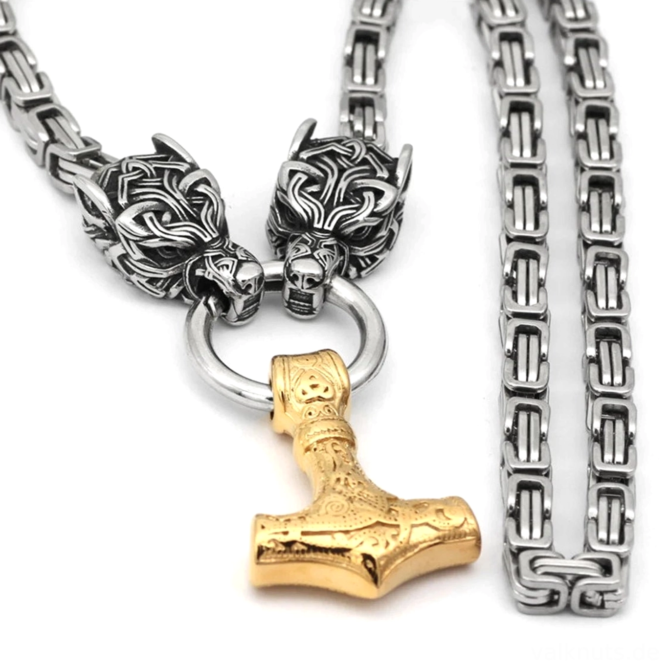 Wikinger Wolf Kette mit Fenrir Wolfsköpfen und Thors Hammer aus Edelstahl