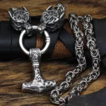 Wolf Kette Thors Hammer mit geflochtener Königskette und zwei Wolfsköpfen, authentisches Wikinger Schmuck
