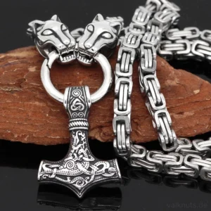 Wolf Kette Wikinger Thors Hammer Kette mit zwei Wolfsköpfen und Mjölnir Anhänger aus Edelstahl