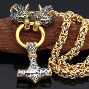 Wolf Kette Thors Hammer mit Doppelwolfsköpfen Gold Akzent Wikinger Königskette