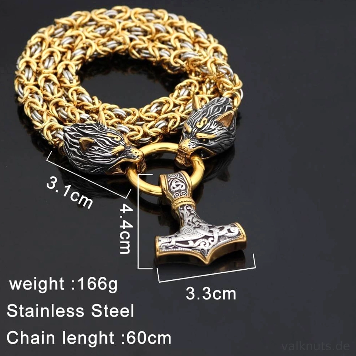 Wolf Kette Thors Hammer mit Gold Rand an Mjolnir und Doppelwolfsköpfen
