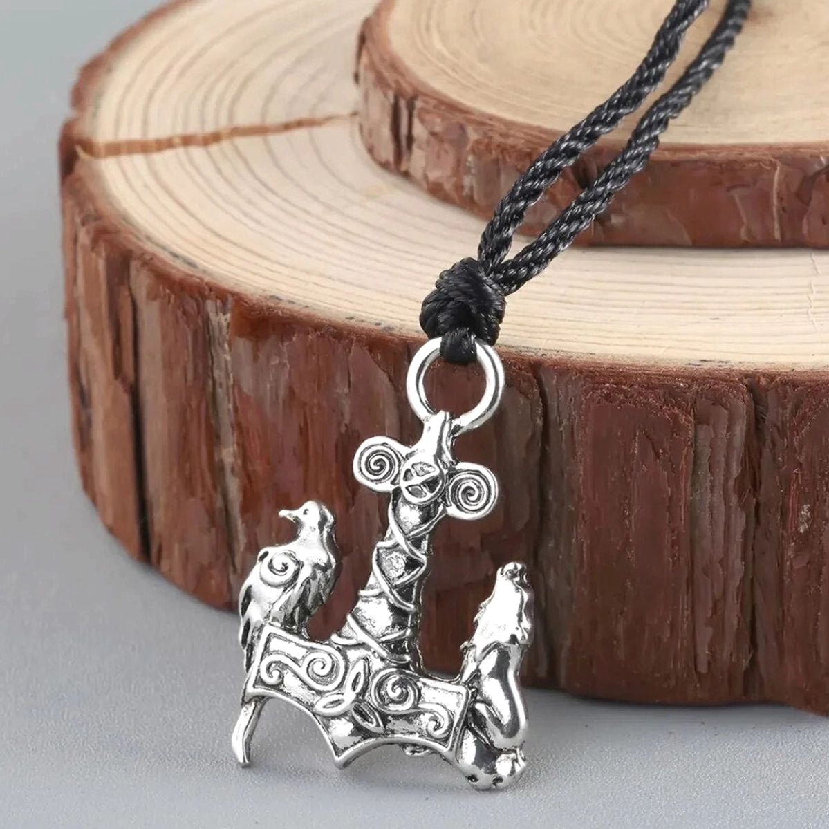 Wolf Kette Thors Hammer mit Rabe und Wolf Wikinger Amulett aus Edelstahl