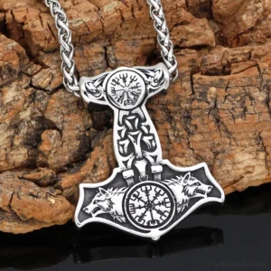 Wolf Kette Thors Hammer mit Odins Wölfen aus Edelstahl, handgemachte Wikinger Halskette mit Runen