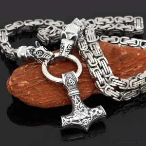 Wolf Kette Thors Hammer Wikinger Königskette mit Zwillingswölfen Mjolnir Anhänger