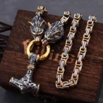 Wolf Kette Thors Hammer Wikinger Königskette mit Wölfen und Mjölnir Anhänger