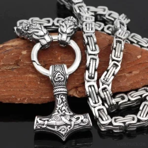 Wolf Kette mit Thors Hammer Mjolnir - Wikinger Koenigskette mit Zwillings Wolfskoepfen