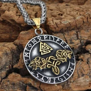 Wolf Kette Wikinger Geri und Freki mit Valknut Symbol Edelstahl