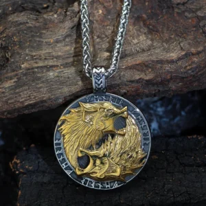 Wolf Kette Wikinger Halskette mit Fenrir Wölfen im Runenkreis