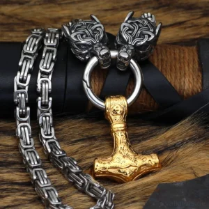 Wolf Kette Wikinger Königskette mit zwei Fenrir Wolfsköpfen und goldenem Thors Hammer Mjolnir
