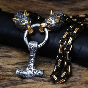 Wolf Kette Wikinger Thors Hammer mit Gold-Schwarz Koenigskette und zwei Fenrir Wolf Köpfen