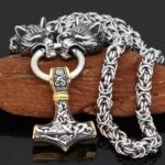 Wolf Kette Thors Hammer mit Zwillings Wolfsköpfen Goldverzierung, Wikinger Königskette
