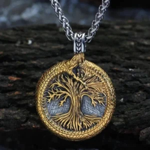 Yggdrasil Kette goldveredelt mit Jörmungandr Kreis Wikinger Halskette