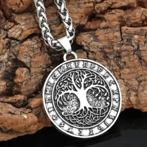 Yggdrasil Kette, nordischer vintage Weltenbaum Runen Anhänger Wikinger Halskette in Antik Bronze Silber für Herren und Damen